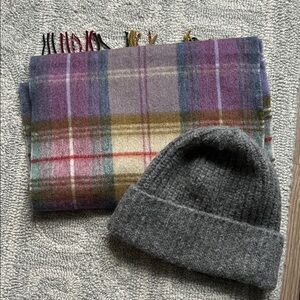 Gray Wool Beanie and Multicolor Plaid Scarf Set